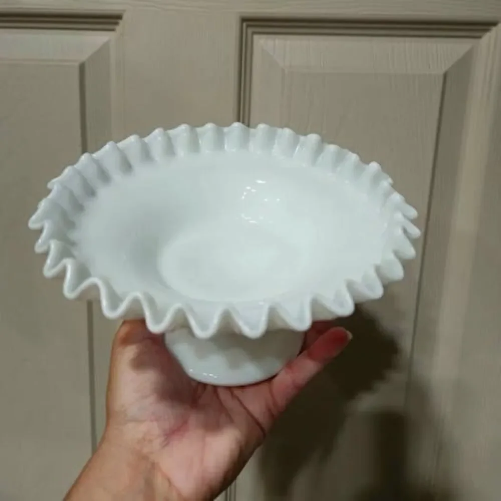 Milk glass ruffled edge grape leaf footed bowl